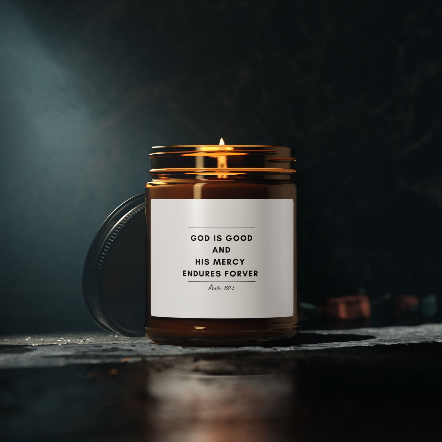 God is Good and His Mercy Endures Forever Candle (Multi-Size, Amber Jar)
