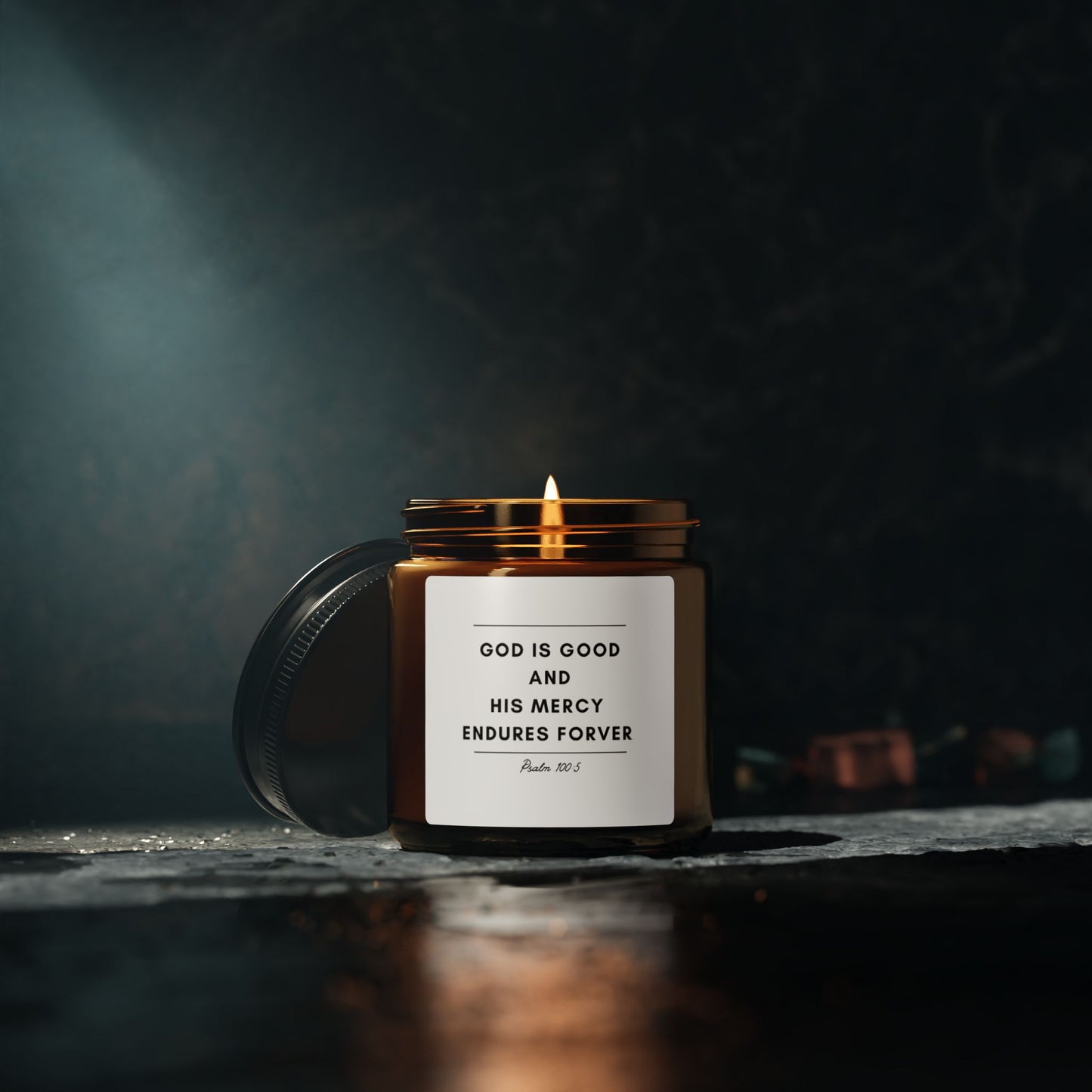God is Good and His Mercy Endures Forever Candle (Multi-Size, Amber Jar)