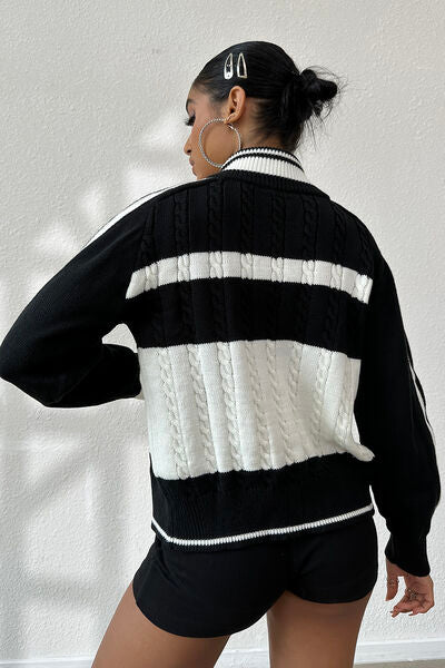 Cable-Knit Color Block Raglan Sleeve Cardigan - TheMcMillionairesCollection